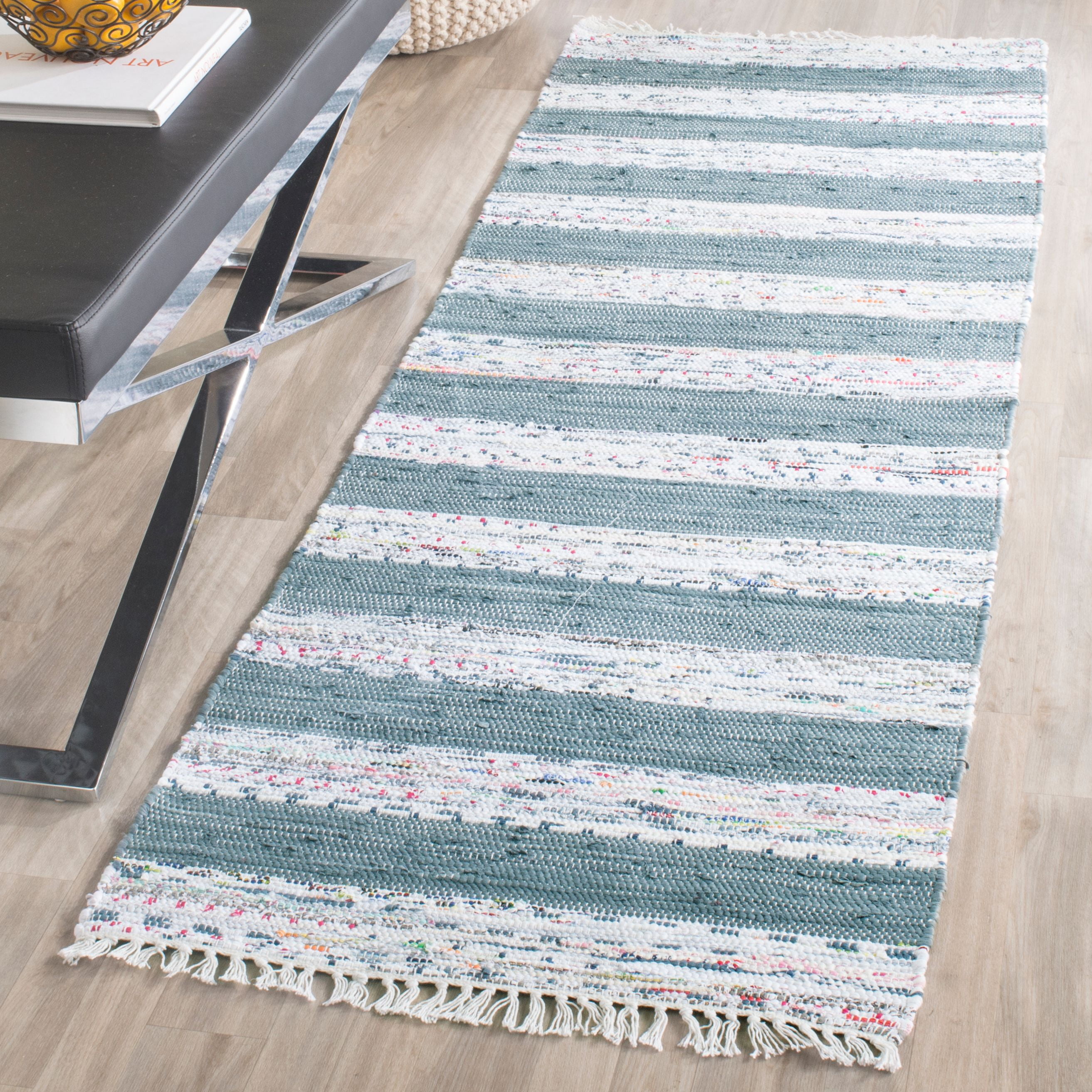 Ivory and Grey Cotton Stripe Handwoven Runner Rug - 2'3" X 7'