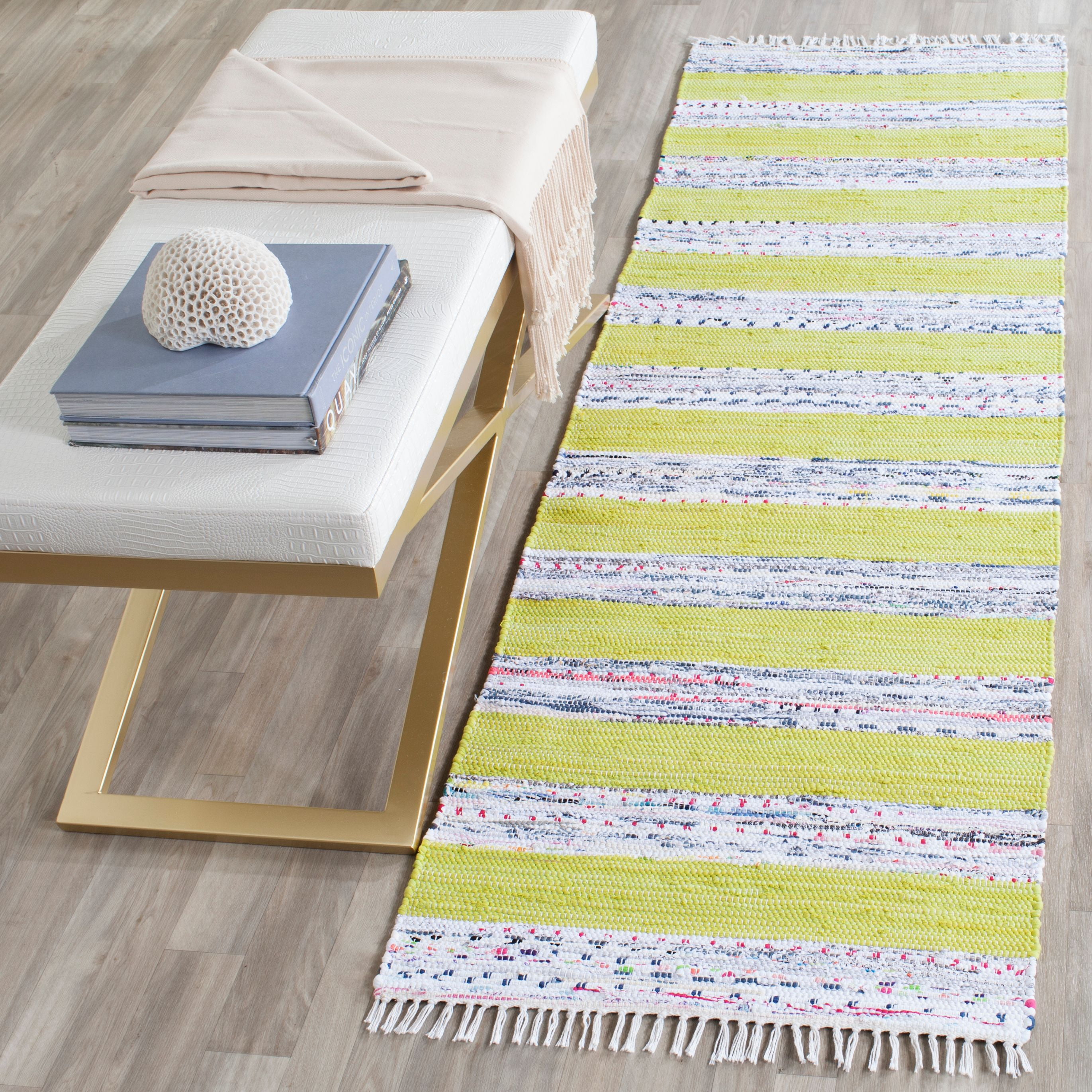 Ivory and Light Green Cotton Striped Runner Rug
