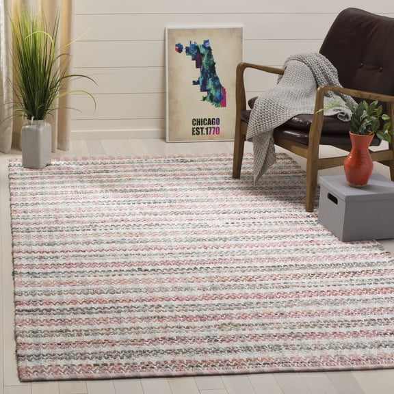 SAFAVIEH Montauk Candelario Striped Cotton Area Rug, Pink/Multi, 6' x 6' Square
