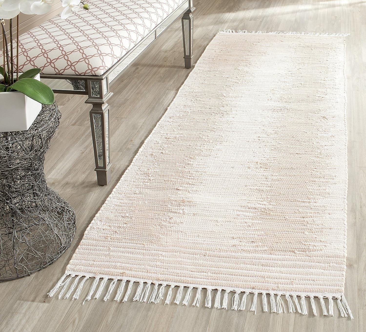 Beige and White Handwoven Cotton Runner Rug with Fringe