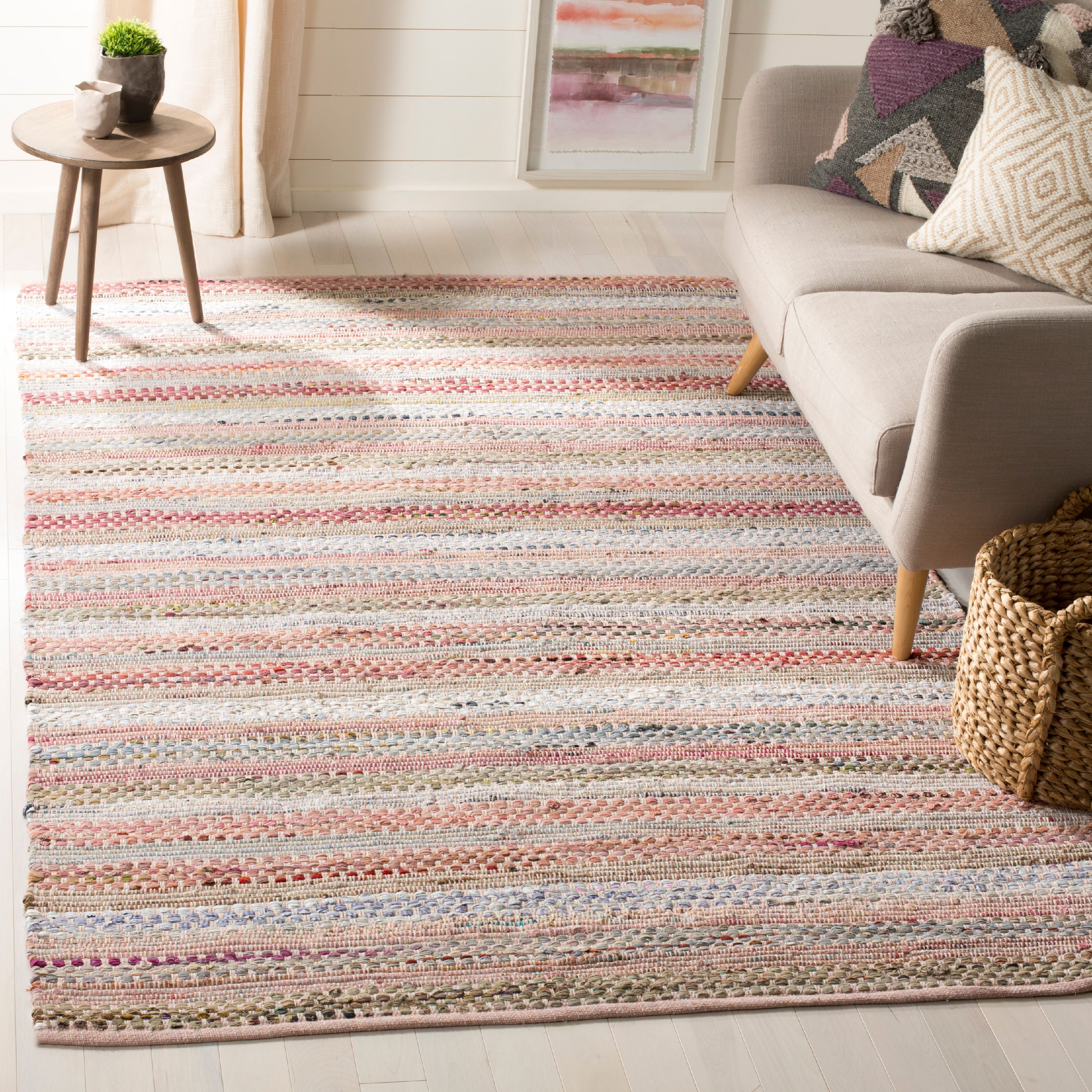 Handmade Pink Multi Wool Cotton 8' x 10' Rectangular Rug