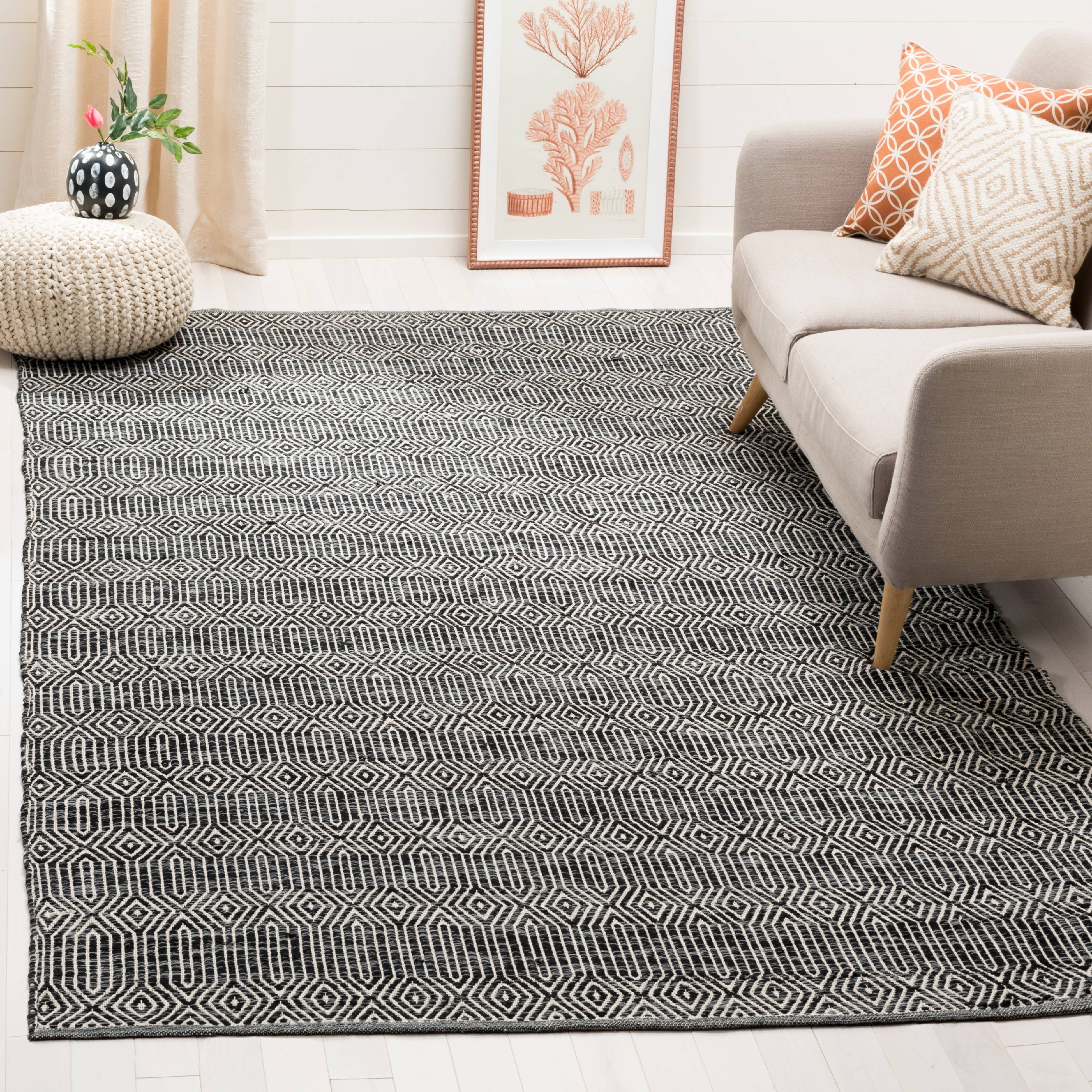 Hand-Woven Ivory and Dark Grey Geometric Cotton Area Rug, 8' x 10'