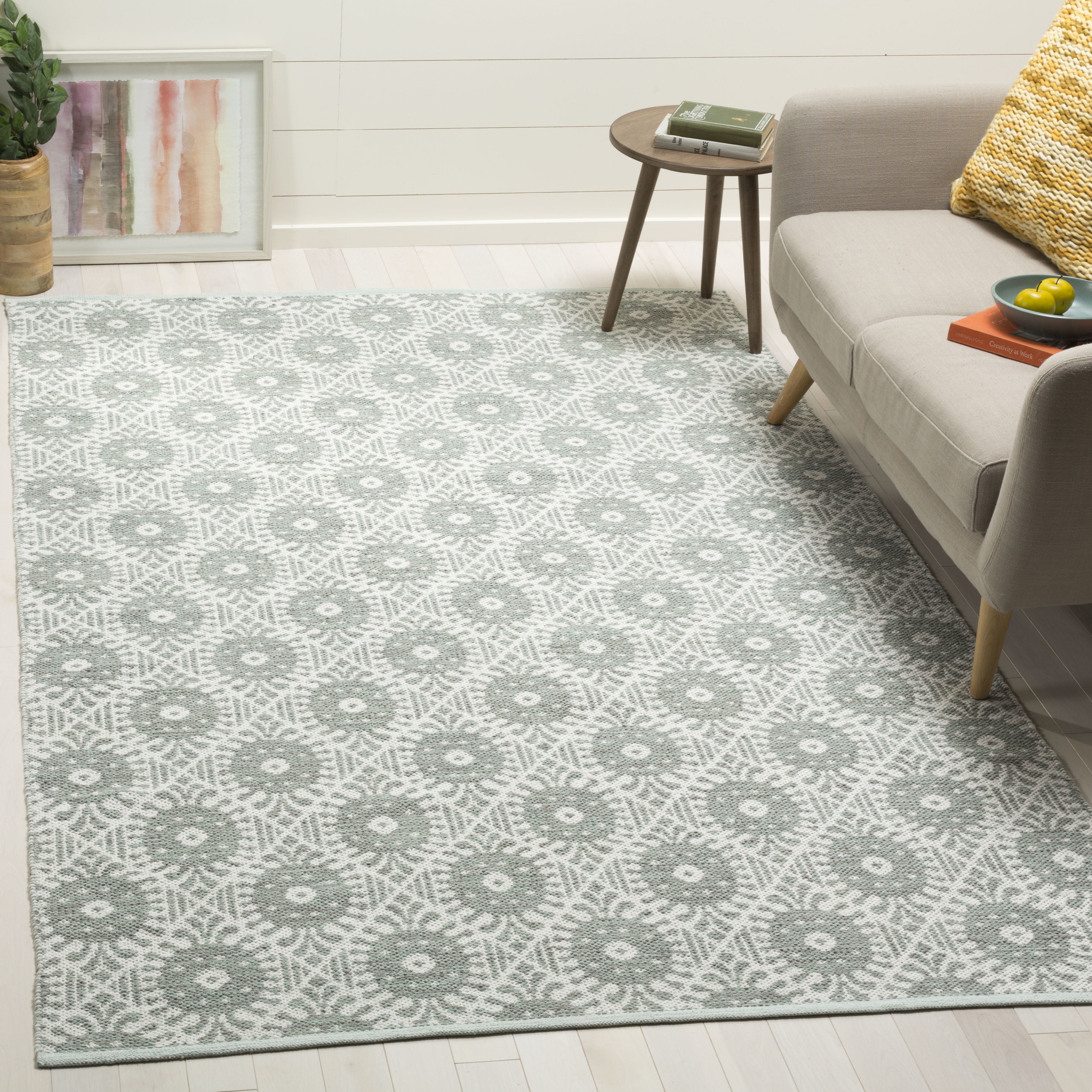 Ivory and Light Green Geometric Cotton Rectangular Rug