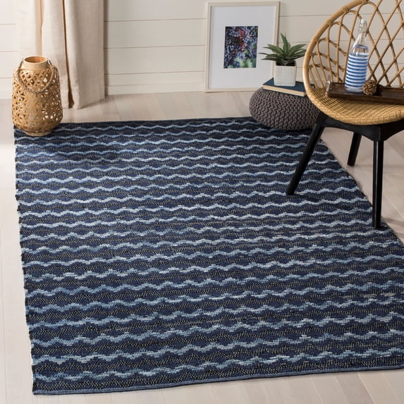 SAFAVIEH Montauk Harding Geometric Striped Cotton Area Rug, Turquoise/Blue/Black, 5' x 8'