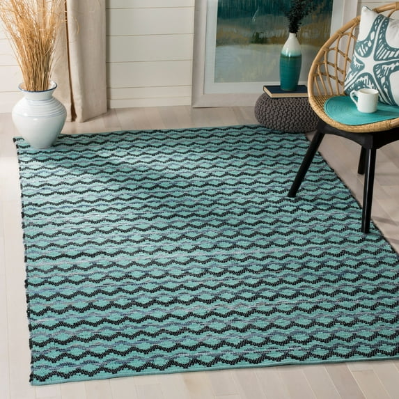SAFAVIEH Montauk Harding Geometric Striped Cotton Area Rug, Turquoise/Blue/Black, 8' x 10'