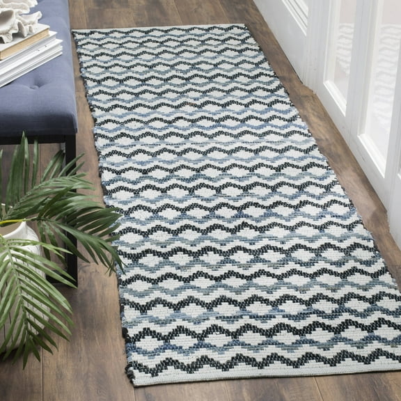 SAFAVIEH Montauk Harding Geometric Striped Cotton Runner Rug, Ivory Blue/Black, 2'3" x 6'