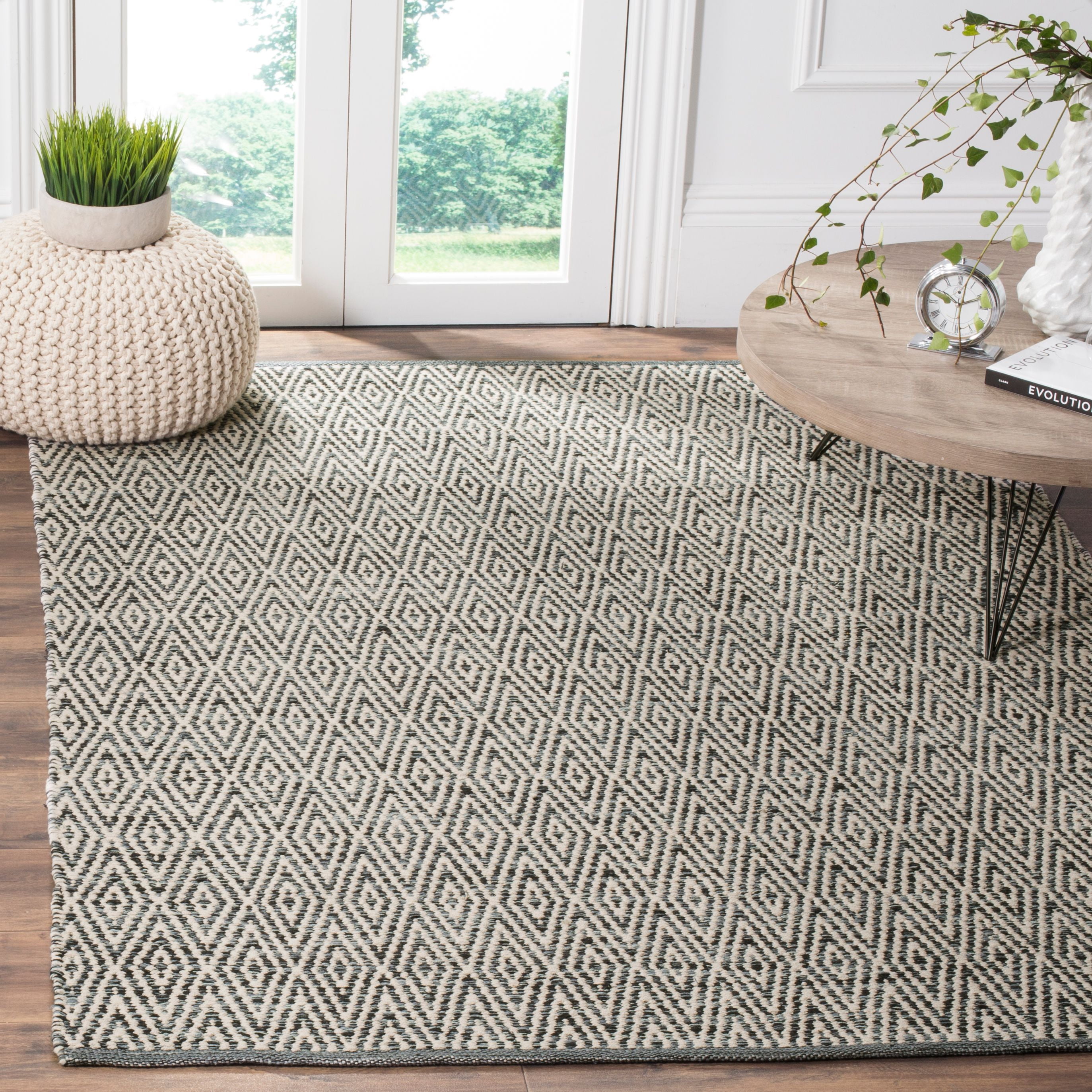 Ivory and Dark Grey Geometric Hand-Woven Wool Cotton Square Rug