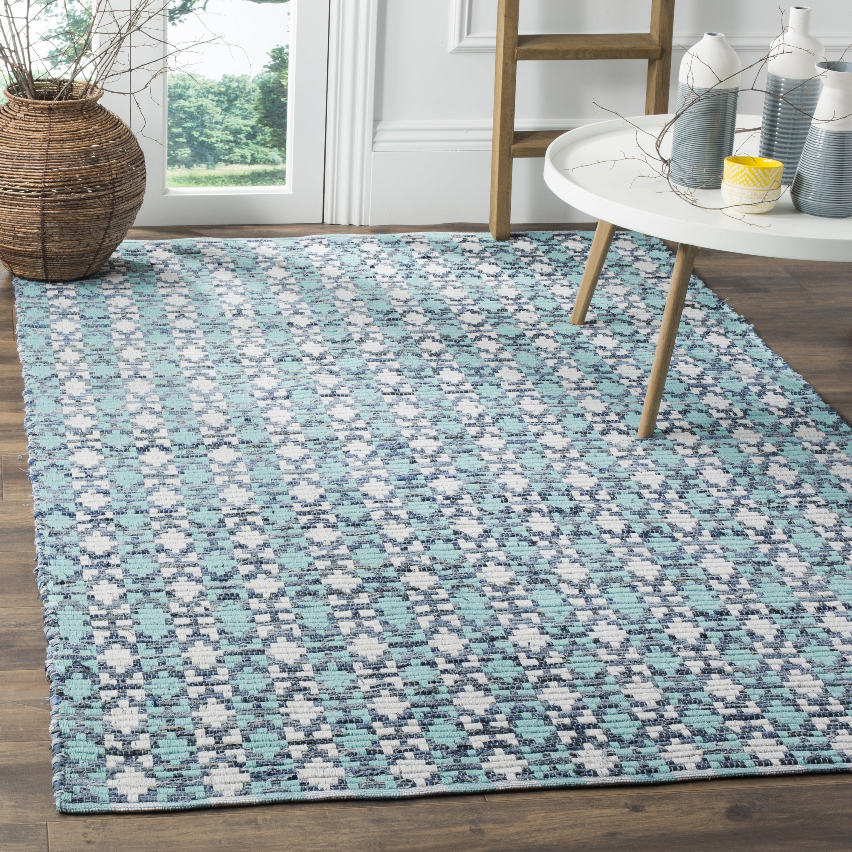 Turquoise and Multi Rectangular Handwoven Cotton Wool Rug, 3' x 5'