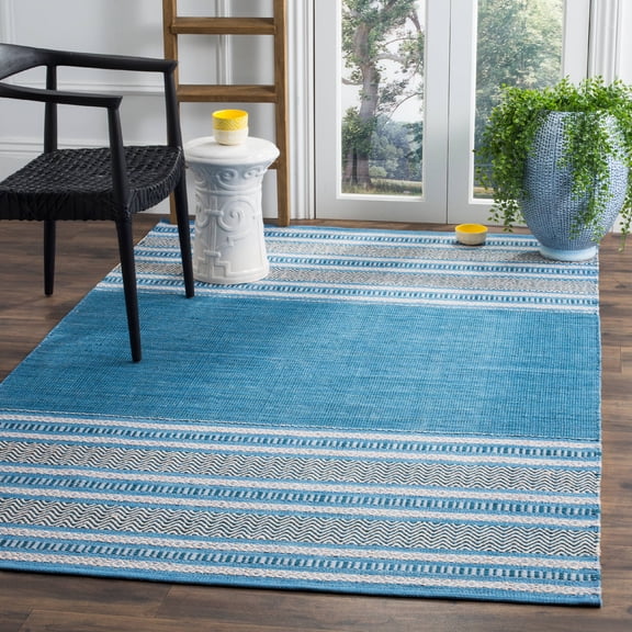 SAFAVIEH Montauk Jobeth Striped Soft Braided Cotton Area Rug, Blue/Grey, 6' x 6' Square