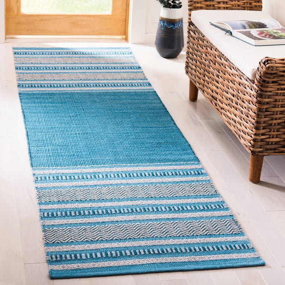 SAFAVIEH Montauk Jobeth Striped Soft Braided Cotton Runner Rug, Blue/Grey, 2'6" x 12'