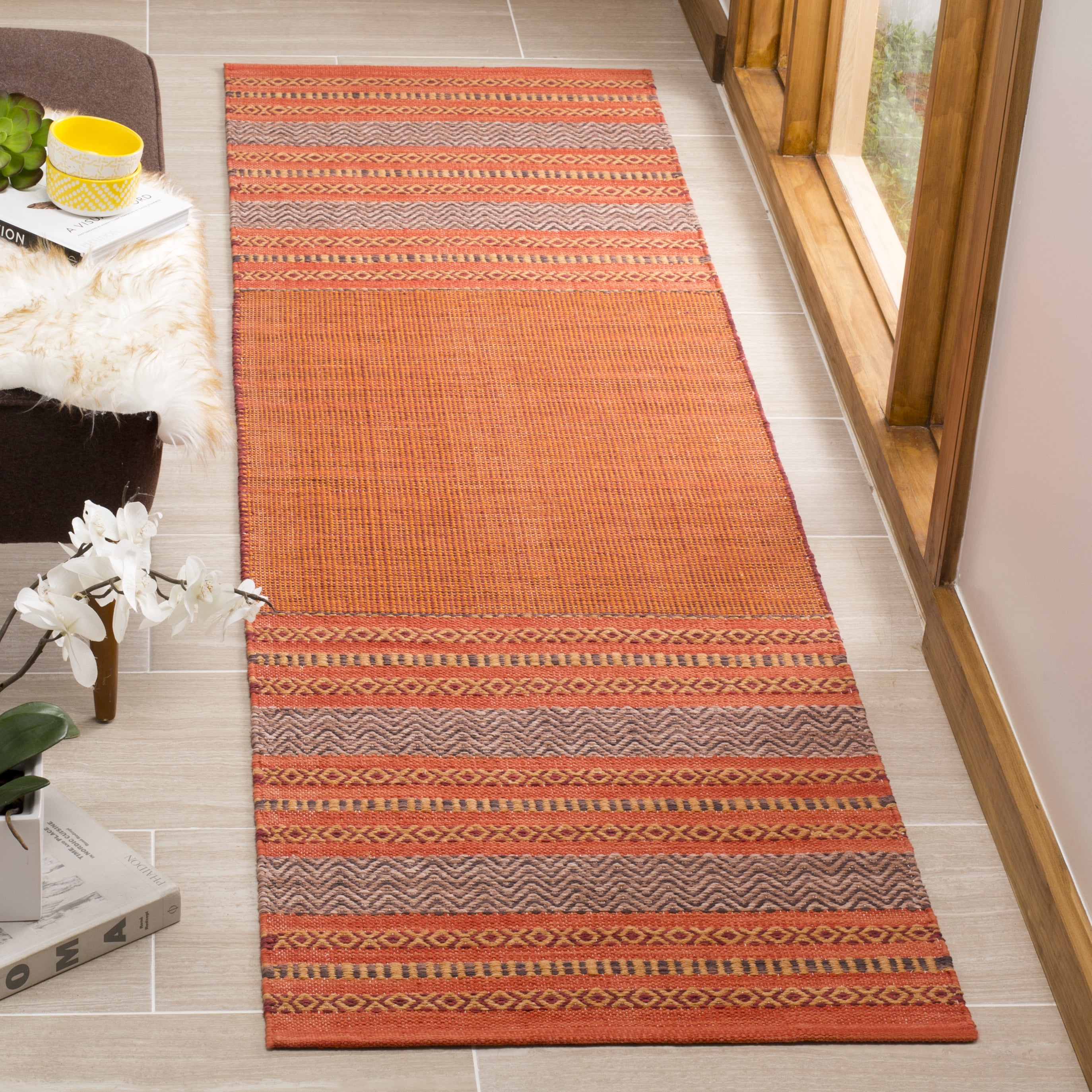 SAFAVIEH Montauk Jobeth Striped Soft Braided Cotton Runner Rug, Orange/Red, 2'6" x 6'