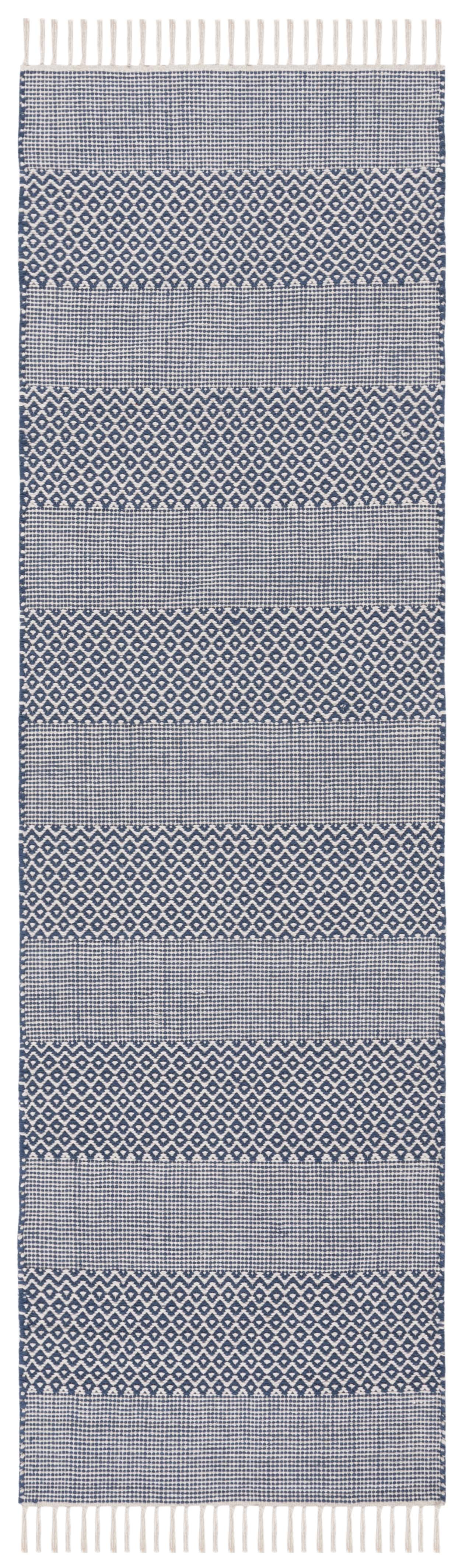 SAFAVIEH Montauk Karlene Geometric Cotton Runner Rug, Ivory/Navy, 2'3" x 18'