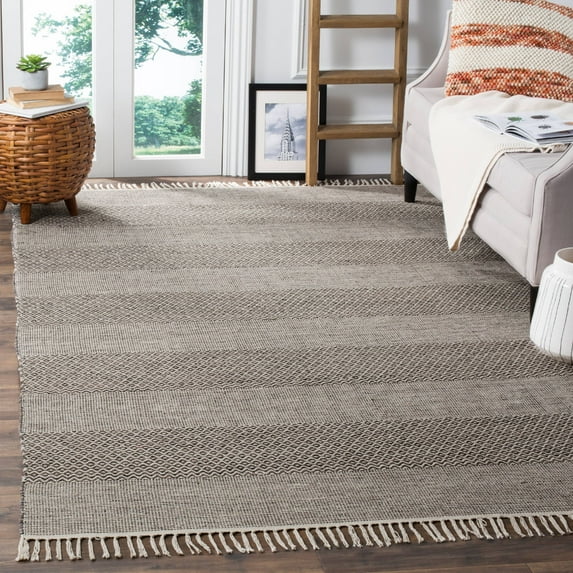 SAFAVIEH Montauk Karlene Geometric Striped Cotton Area Rug, Ivory/Anthracite, 4' x 4' Square
