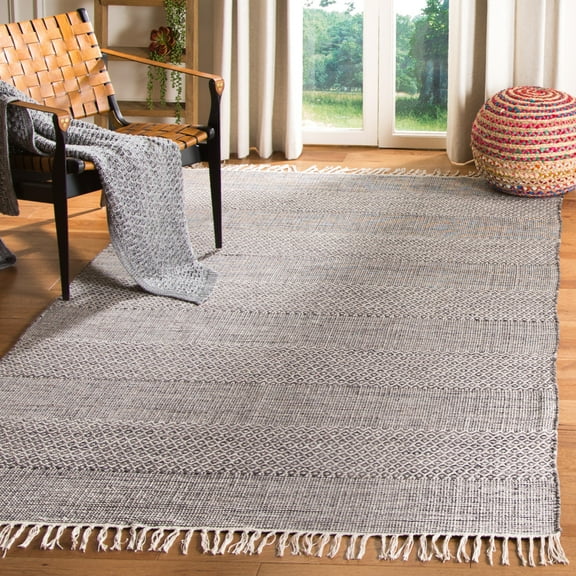 SAFAVIEH Montauk Karlene Geometric Striped Cotton Area Rug, Ivory/Anthracite, 6' x 9'