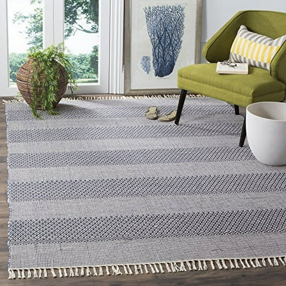 SAFAVIEH Montauk Karlene Geometric Striped Cotton Area Rug, Ivory/Navy, 4' x 4' Square