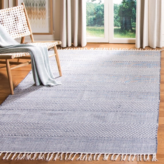 SAFAVIEH Montauk Karlene Geometric Striped Cotton Area Rug, Ivory/Navy, 8' x 8' Square