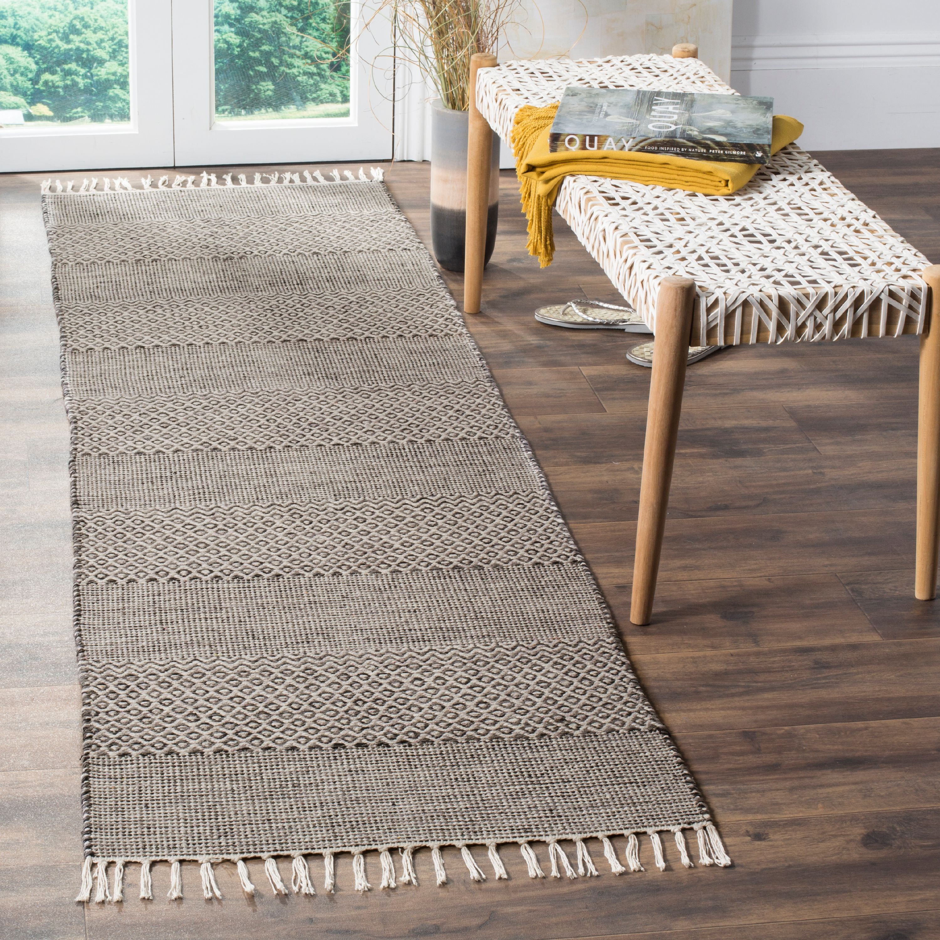 SAFAVIEH Montauk Karlene Geometric Striped Cotton Runner Rug, Ivory/Anthracite, 2'3" x 20'