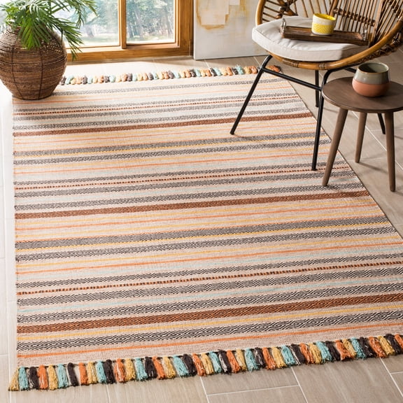 SAFAVIEH Montauk Lorenzo Striped Cotton Area Rug, Beige/Multi, 6' x 6' Square