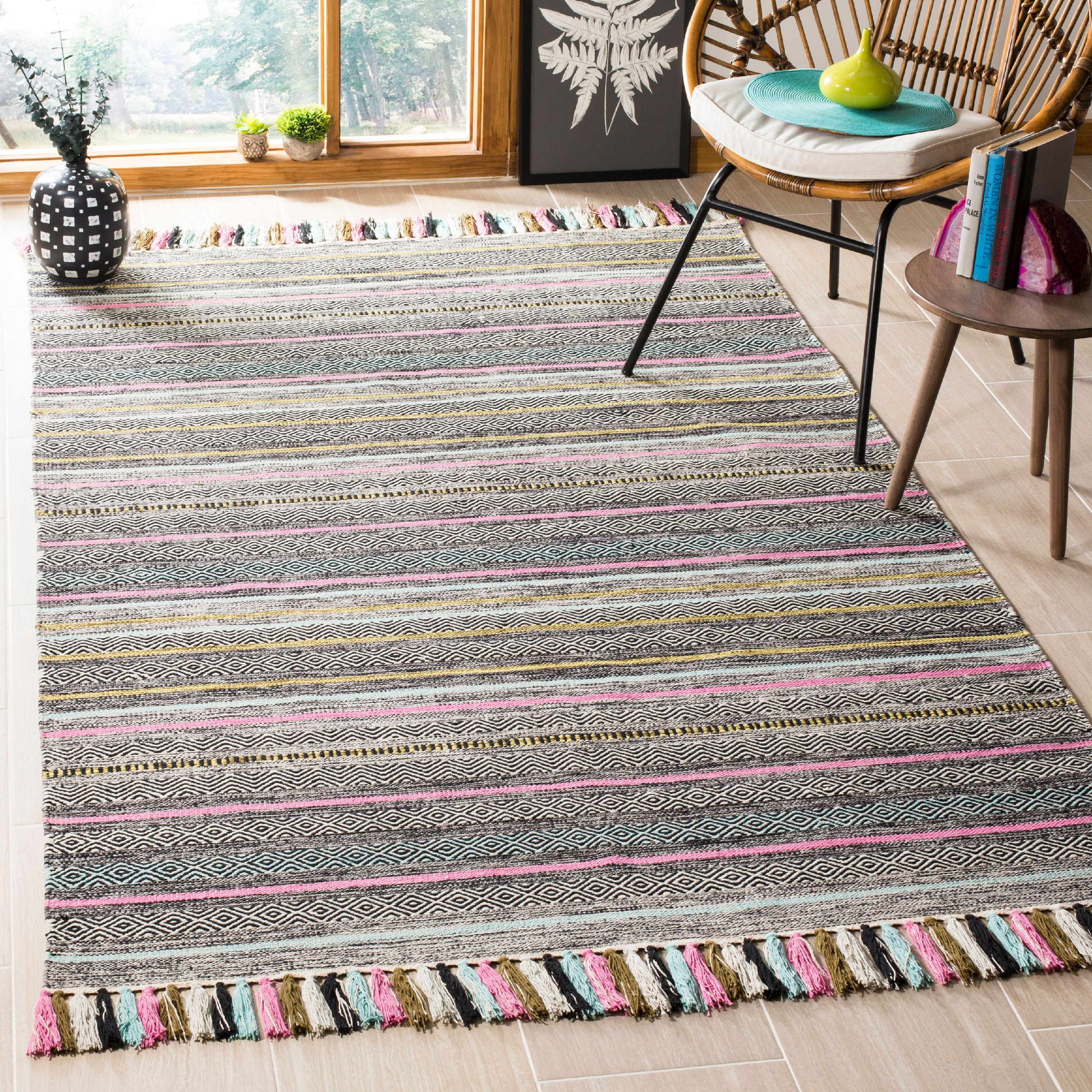 Montauk Black and Multi Striped 6' x 6' Wool Cotton Area Rug