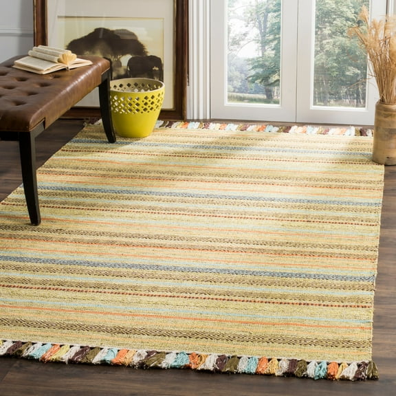 SAFAVIEH Montauk Lorenzo Striped Cotton Area Rug, Green/Multi, 6' x 6' Square