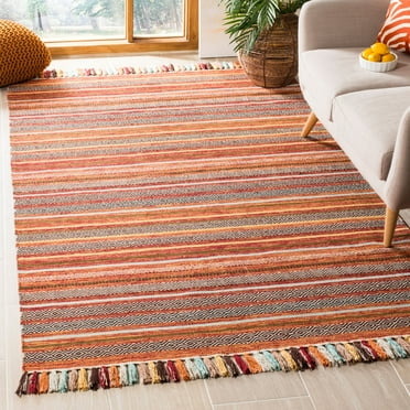 SAFAVIEH Montauk Lorenzo Striped Cotton Area Rug, Rust/Multi, 6' x 6' Square