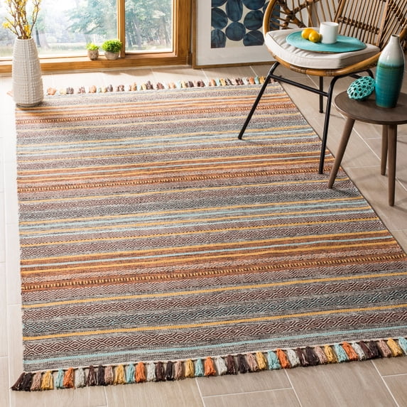 SAFAVIEH Montauk Lorenzo Striped Cotton Area Rug, Turquoise/Brown, 3' x 5'