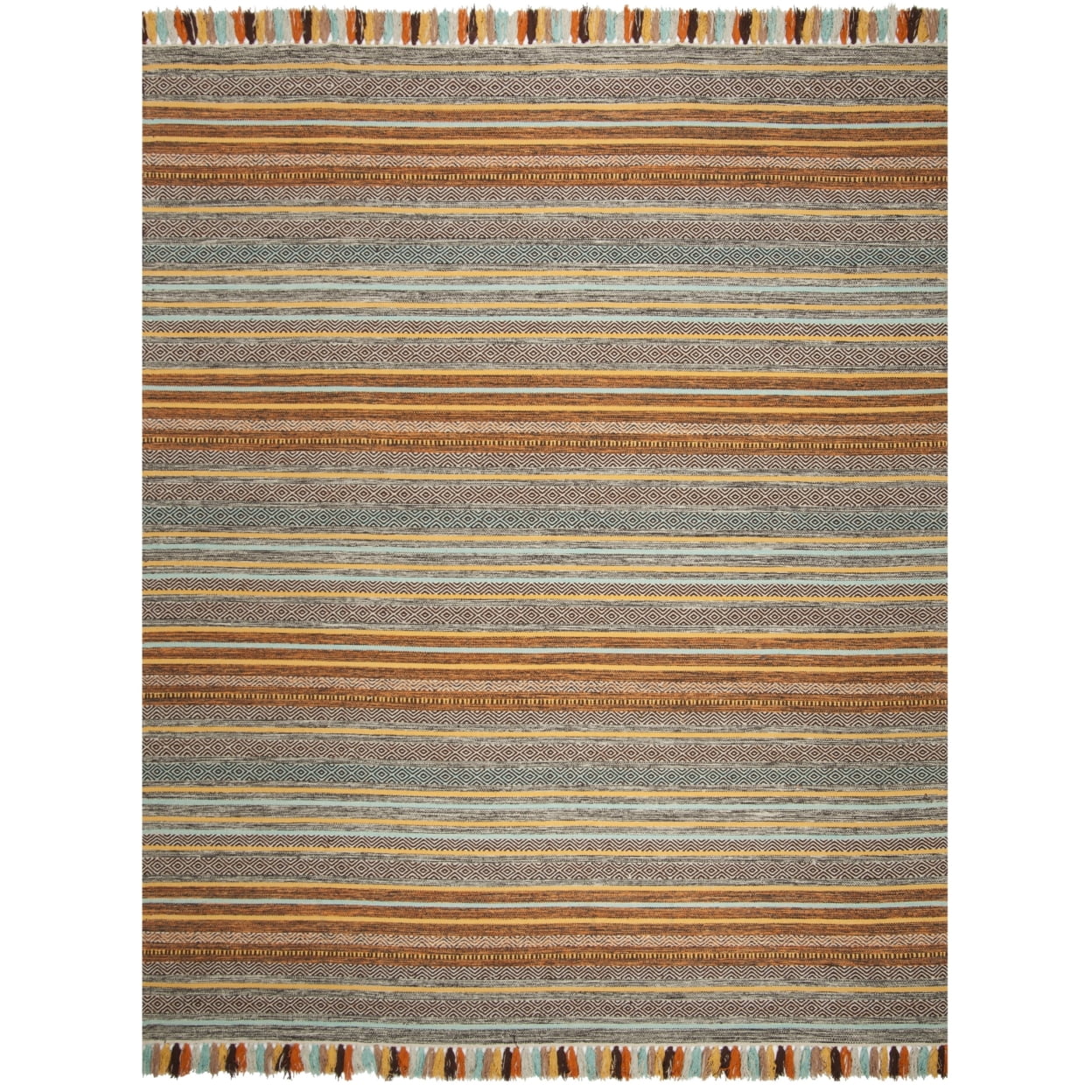 Turquoise and Brown Handwoven Cotton Striped 8' x 10' Area Rug