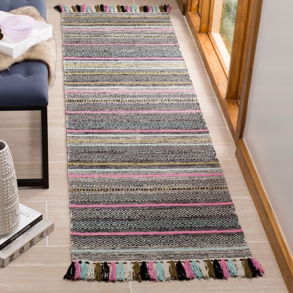 SAFAVIEH Montauk Lorenzo Striped Cotton Runner Rug, Black/Multi, 2'3" x 8'