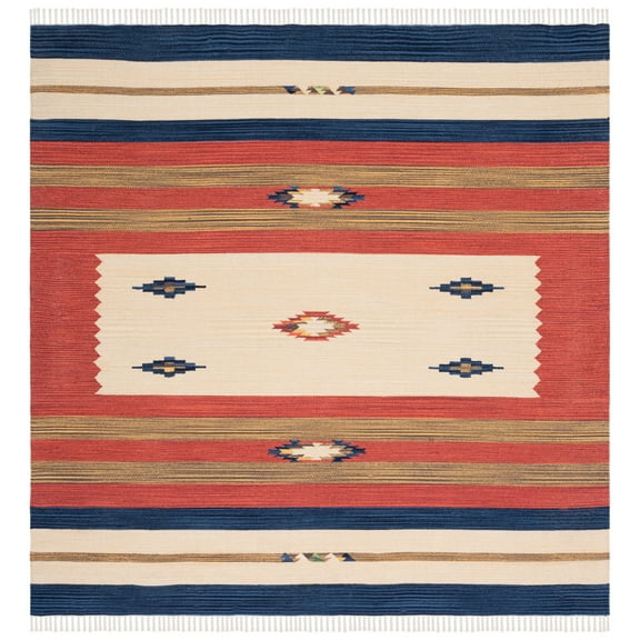 SAFAVIEH Montauk Benson Southwestern Cotton Area Rug, Blue/Red, 6' x 6' Square