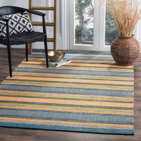 SAFAVIEH Montauk Maisy Striped Soft Braided Cotton Area Rug, Blue/Orange, 4' x 6'