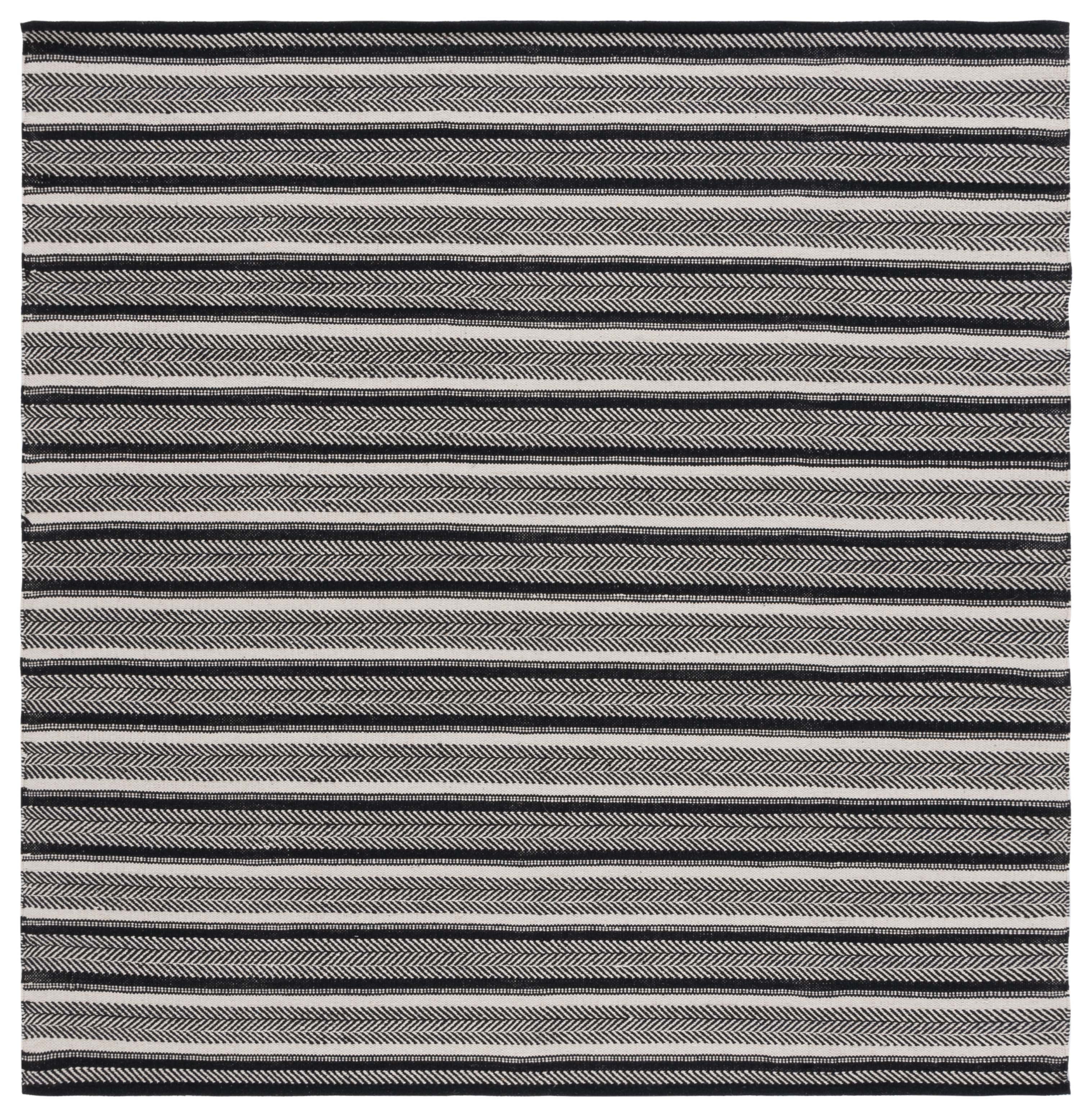 Ivory and Black Flatweave Cotton Striped 6' Square Rug
