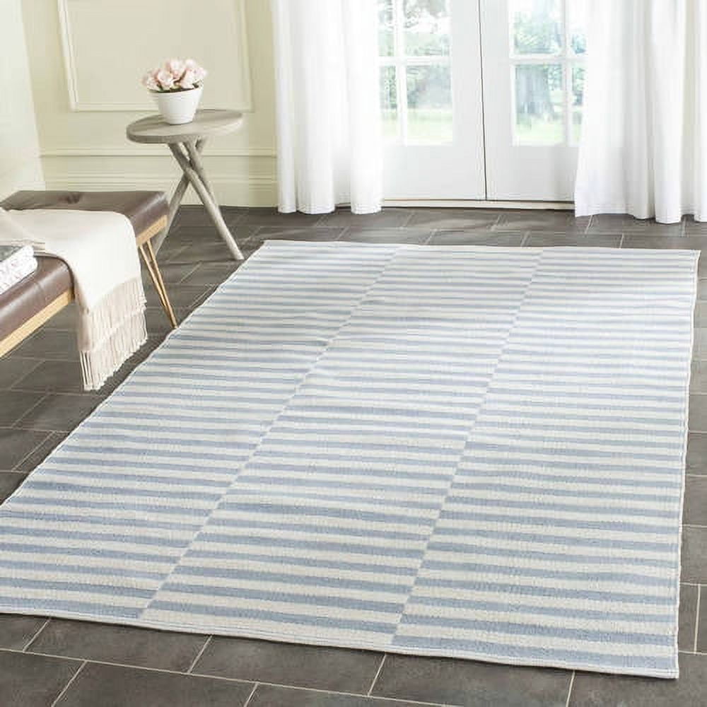 Ivory and Light Blue Striped Cotton Flat Woven Rug