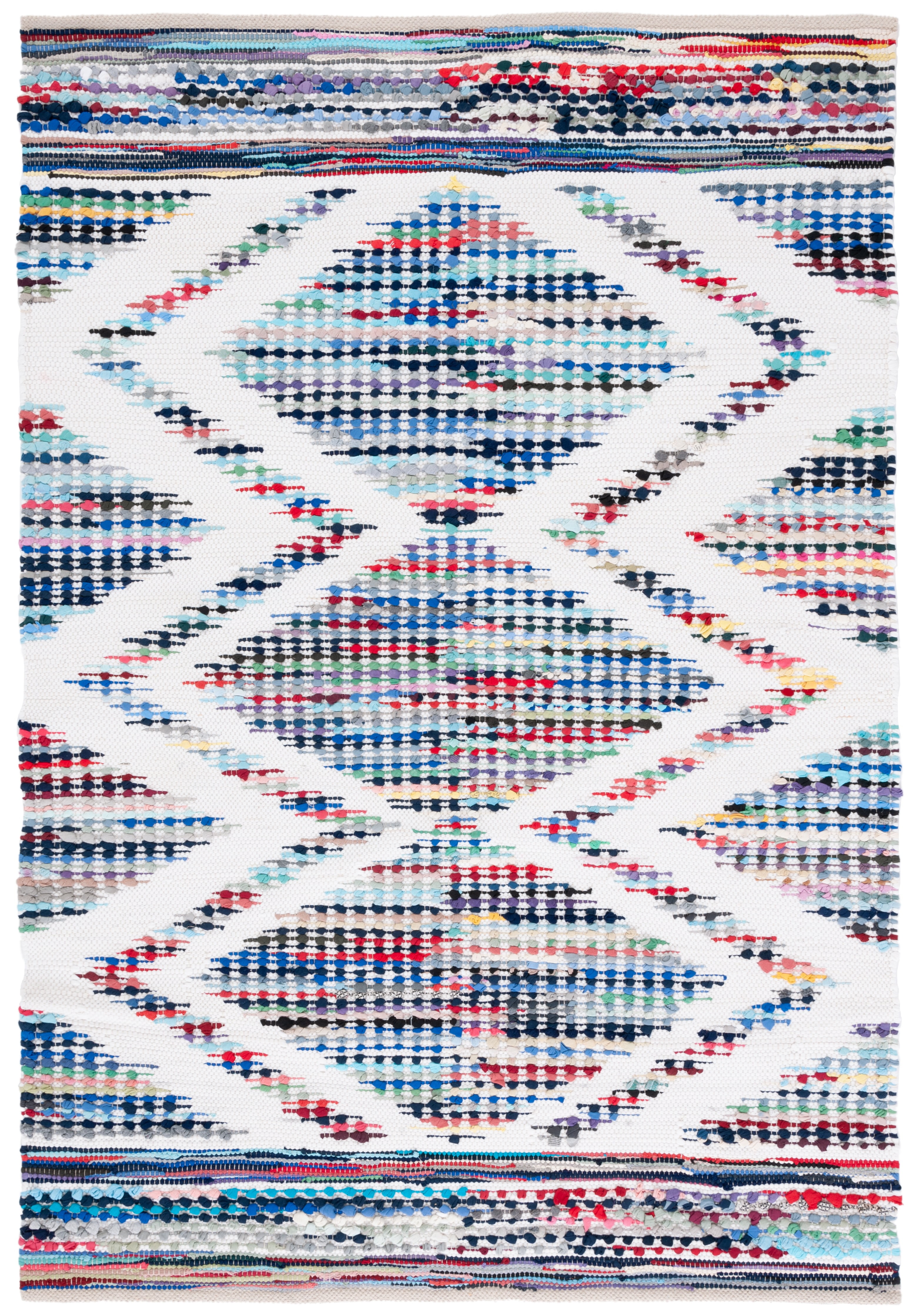 Ivory and Blue Handwoven Cotton Rectangular Area Rug