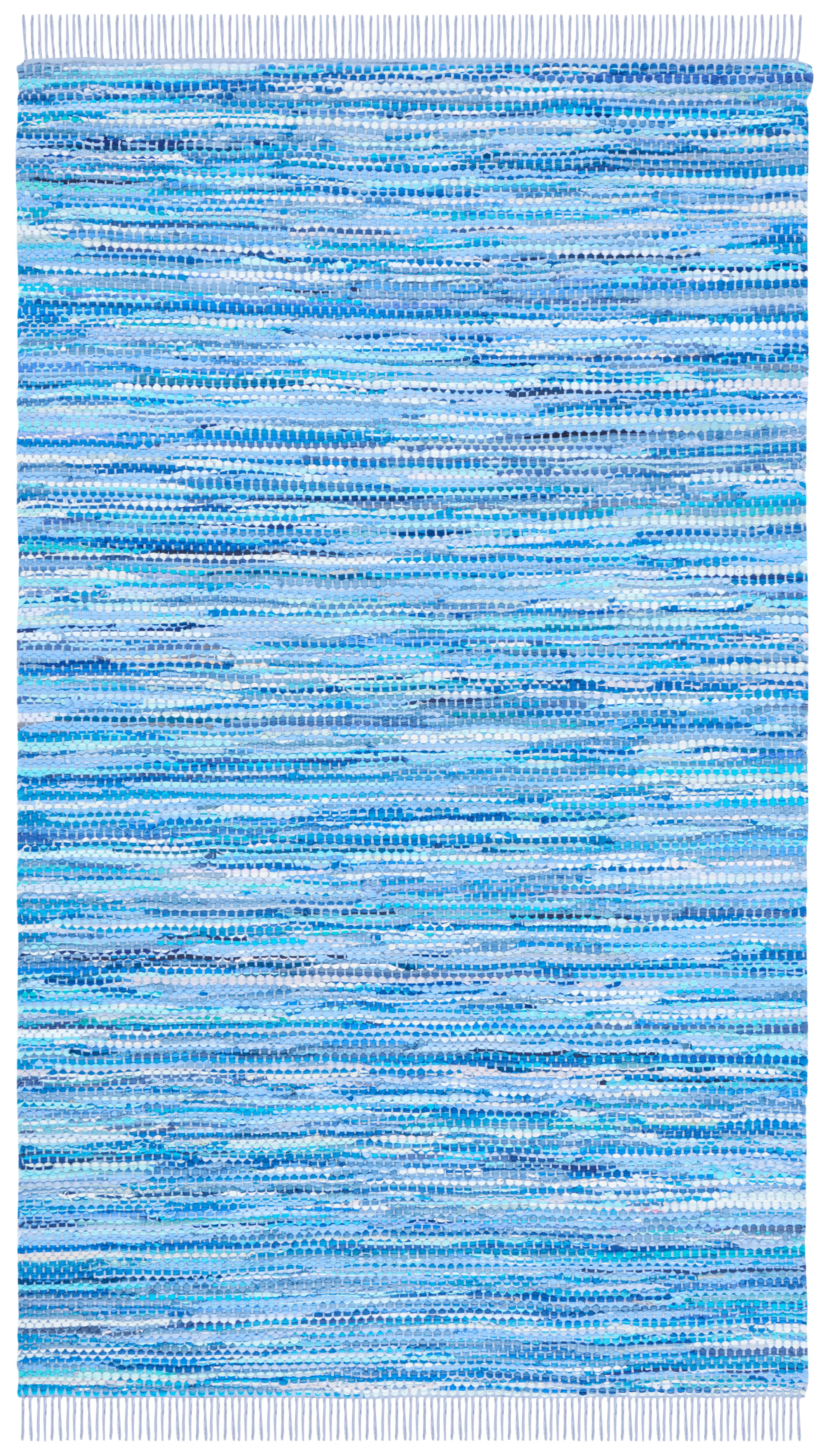 Handmade Blue Cotton Flat Woven Rectangular Rug
