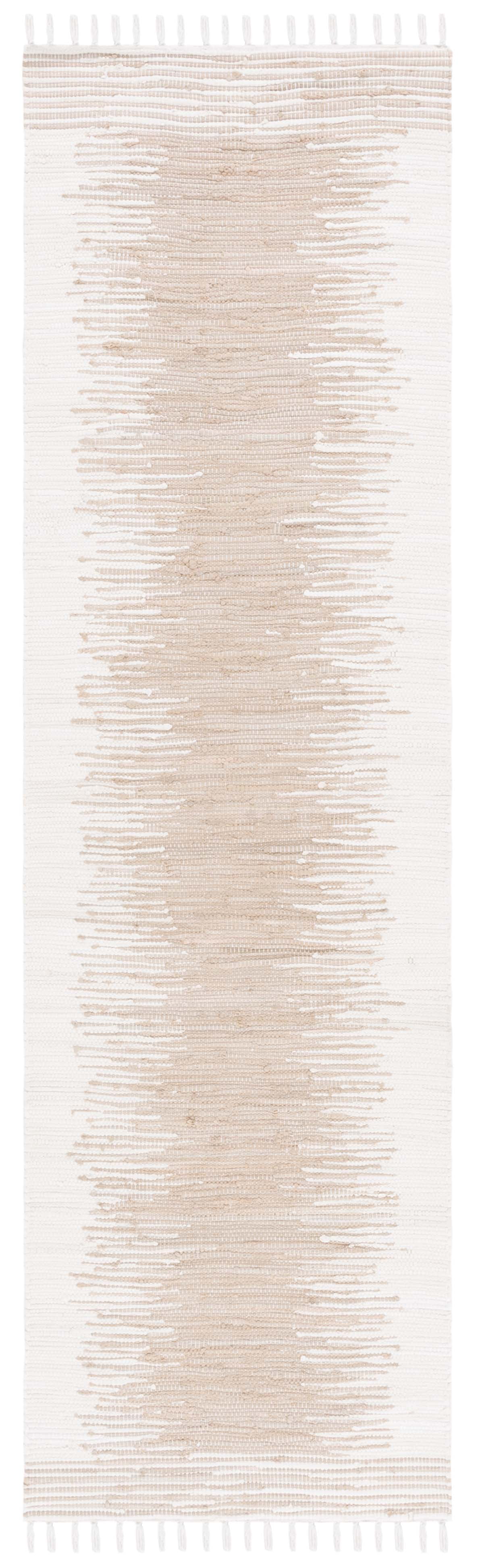 Beige and White Handwoven Cotton Runner Rug with Fringe