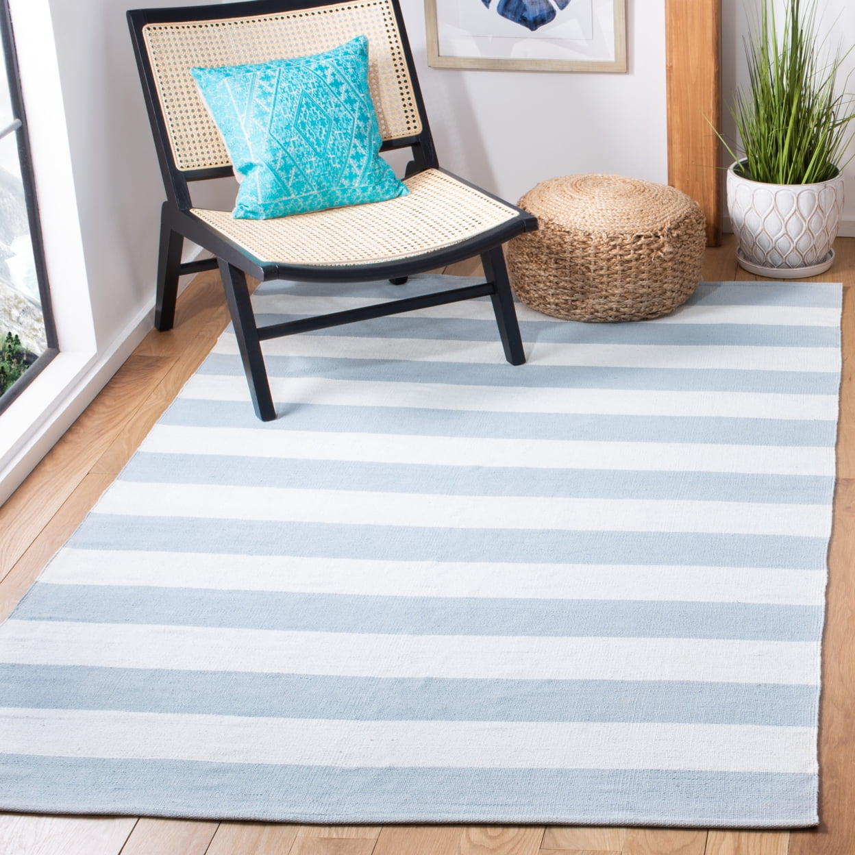 Sky Blue and Ivory Striped Cotton Square Rug