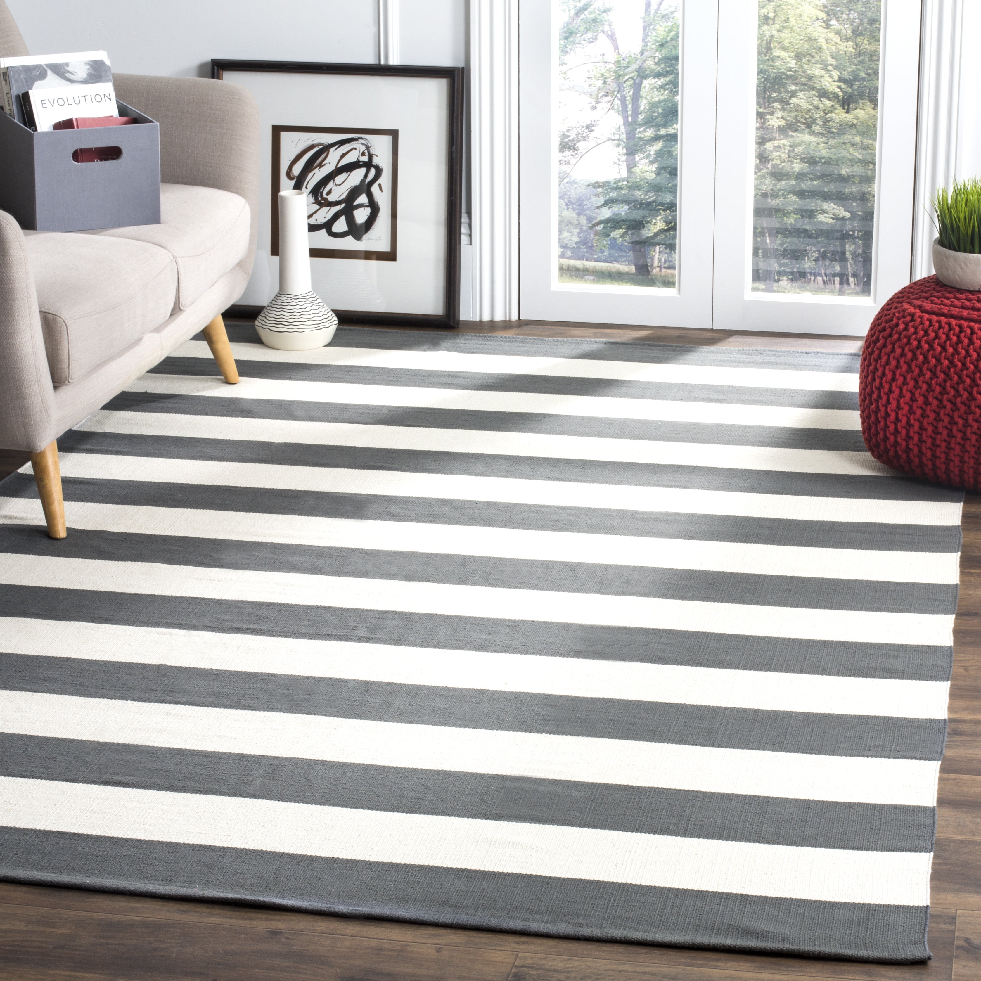 Coastal Breeze Gray and Ivory Stripe 10' x 14' Handwoven Wool-Cotton Rug
