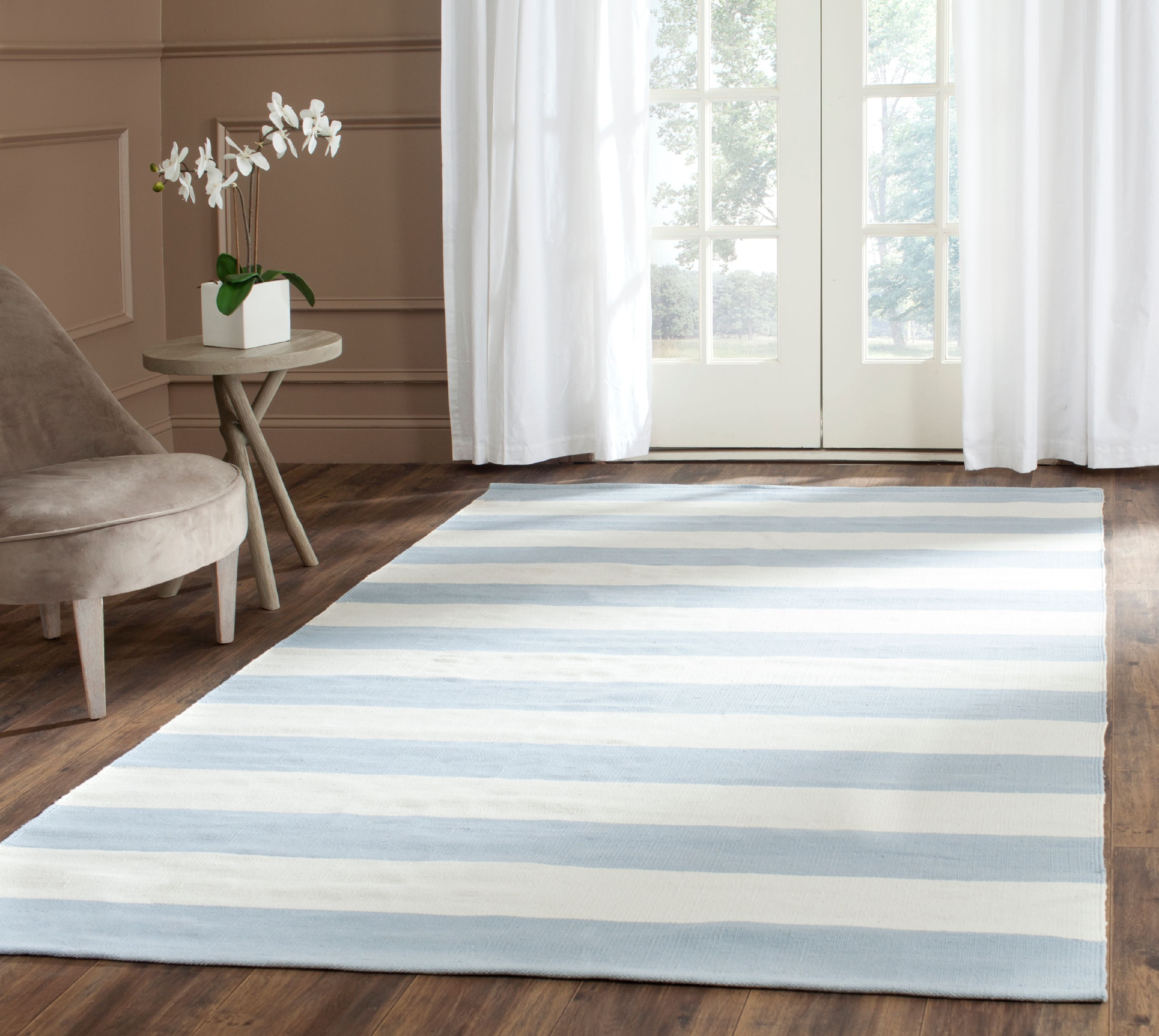 Ivory and Sky Blue Striped Cotton Flat Woven Rug