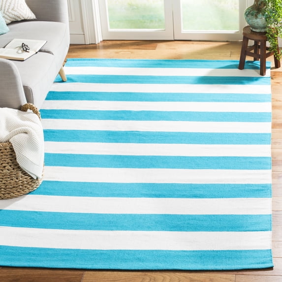 SAFAVIEH Montauk Saranna Striped Cotton Area Rug, Turquoise/Ivory, 6' x 9'