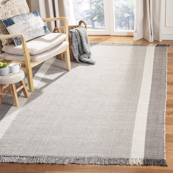 SAFAVIEH Montauk Sharlene Solid Striped Cotton Area Rug, Ivory/Grey, 5' x 8'