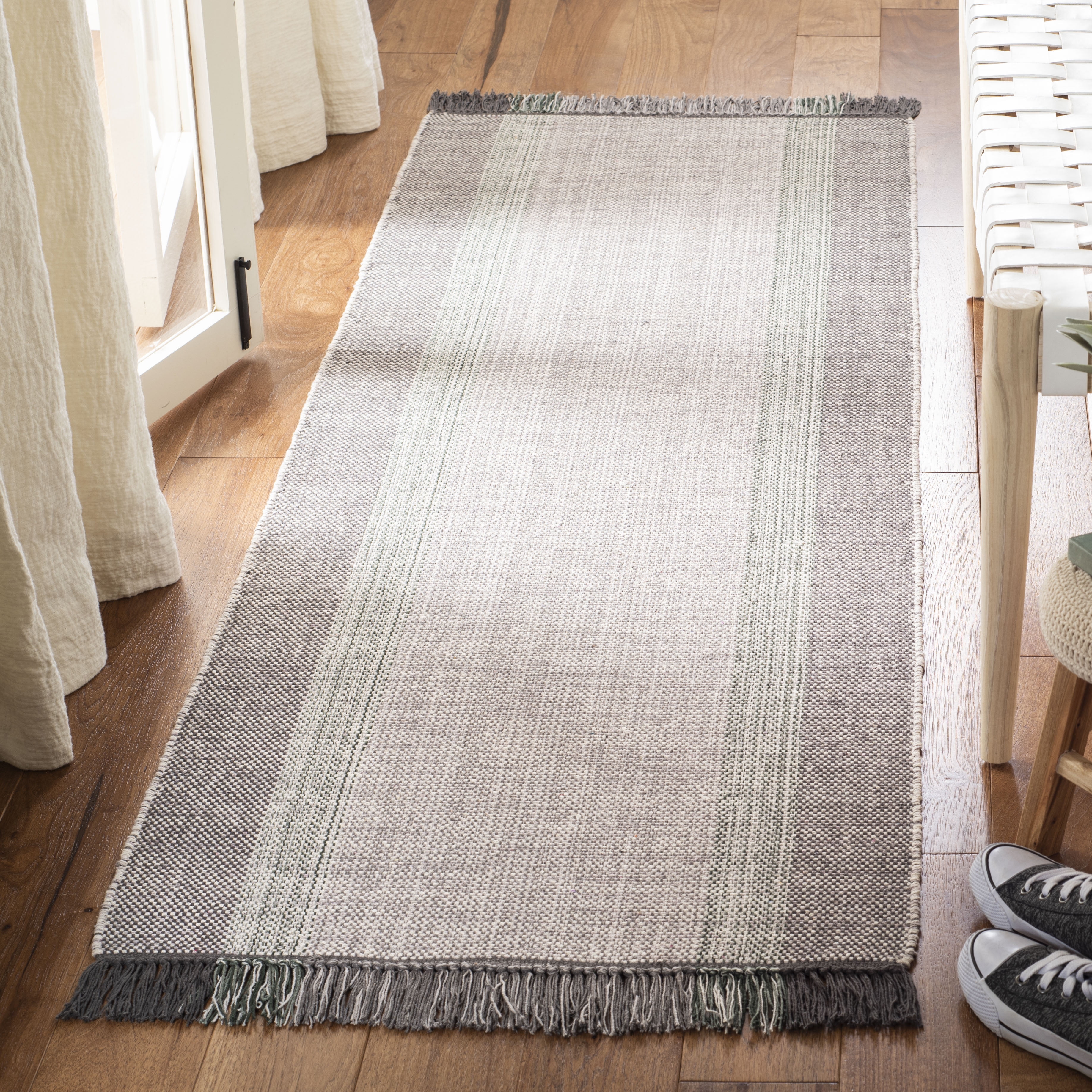SAFAVIEH Montauk Sharlene Solid Striped Cotton Runner Rug, Green/Grey, 2'3" x 7'
