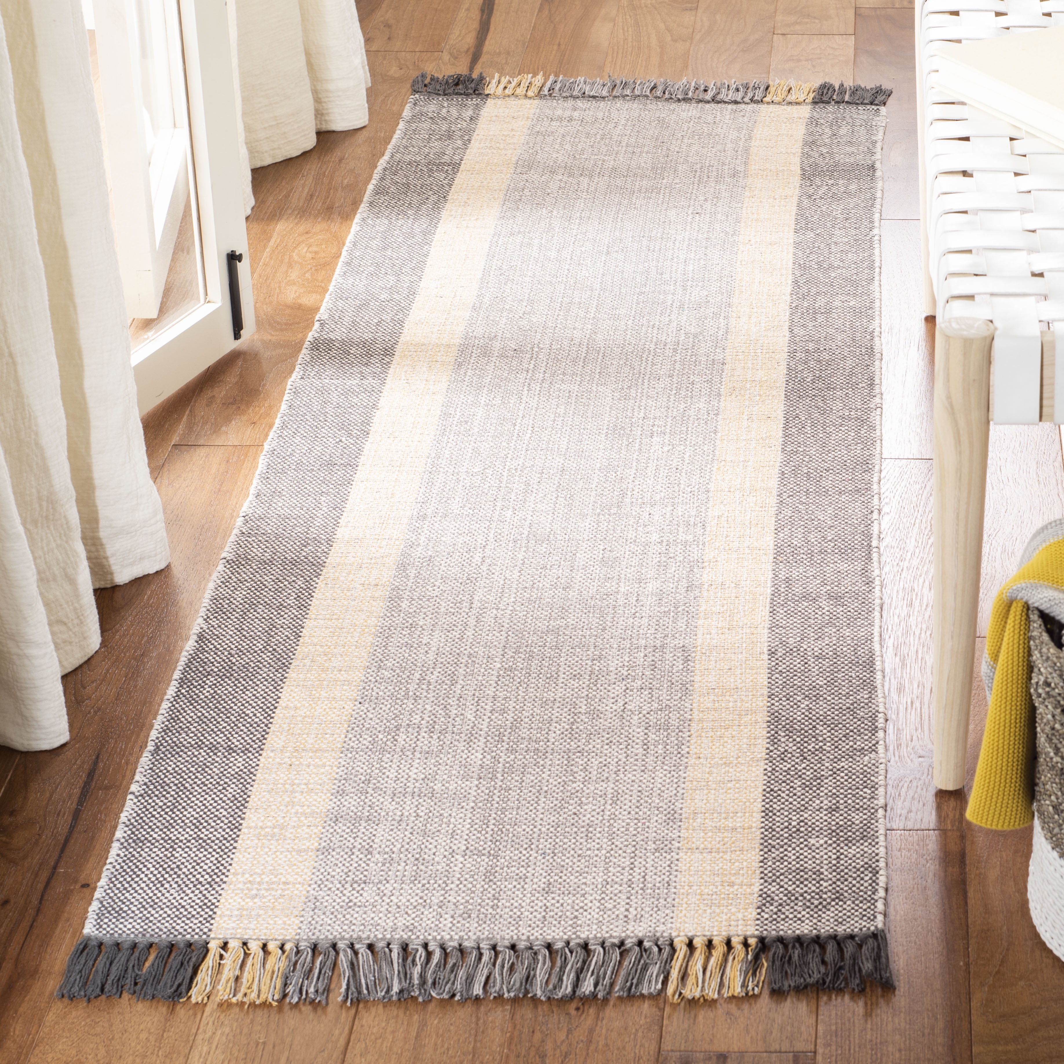 SAFAVIEH Montauk Sharlene Solid Striped Cotton Runner Rug, Mustard/Grey, 2'3" x 7'