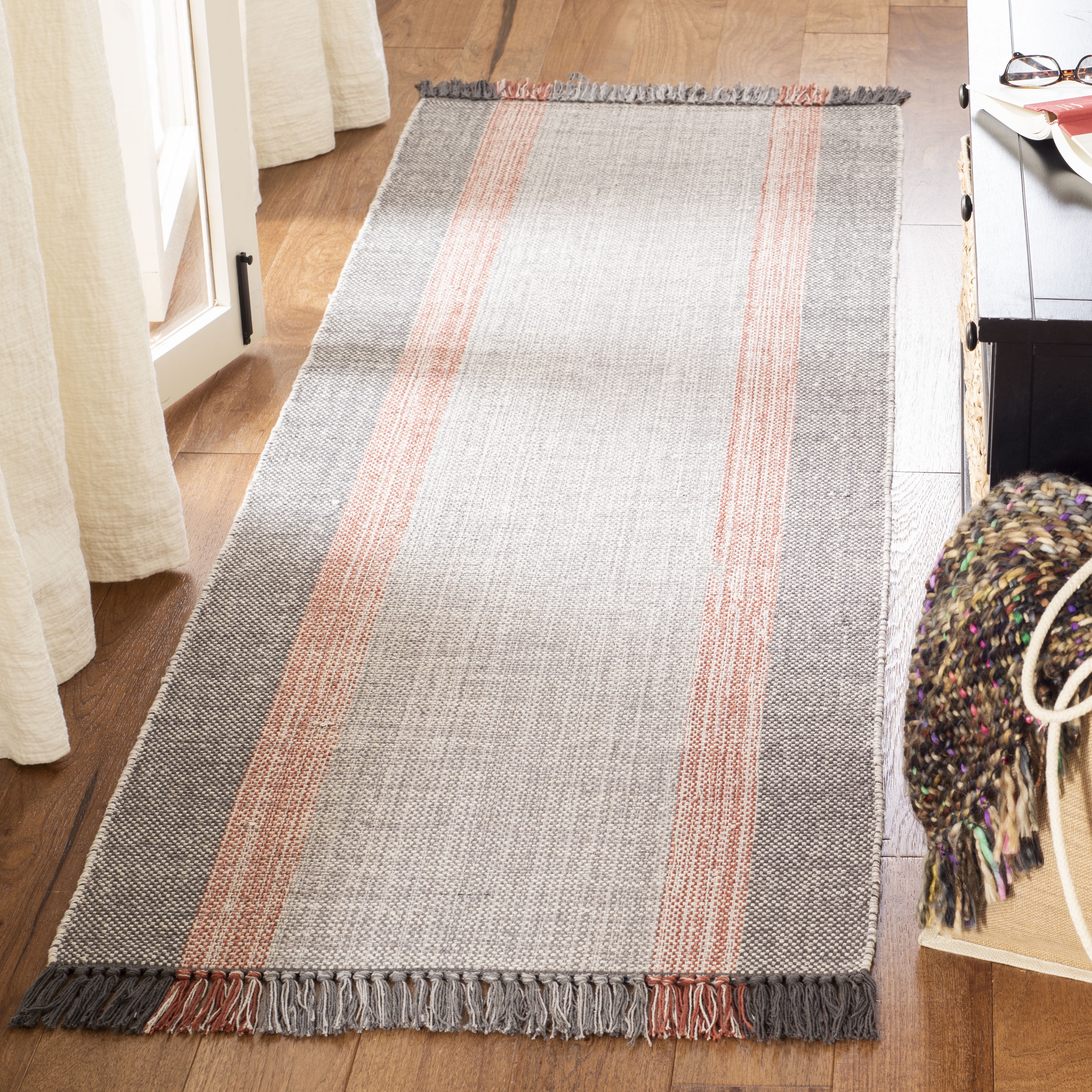 SAFAVIEH Montauk Sharlene Solid Striped Cotton Runner Rug, Terracotta/Grey, 2'3" x 7'