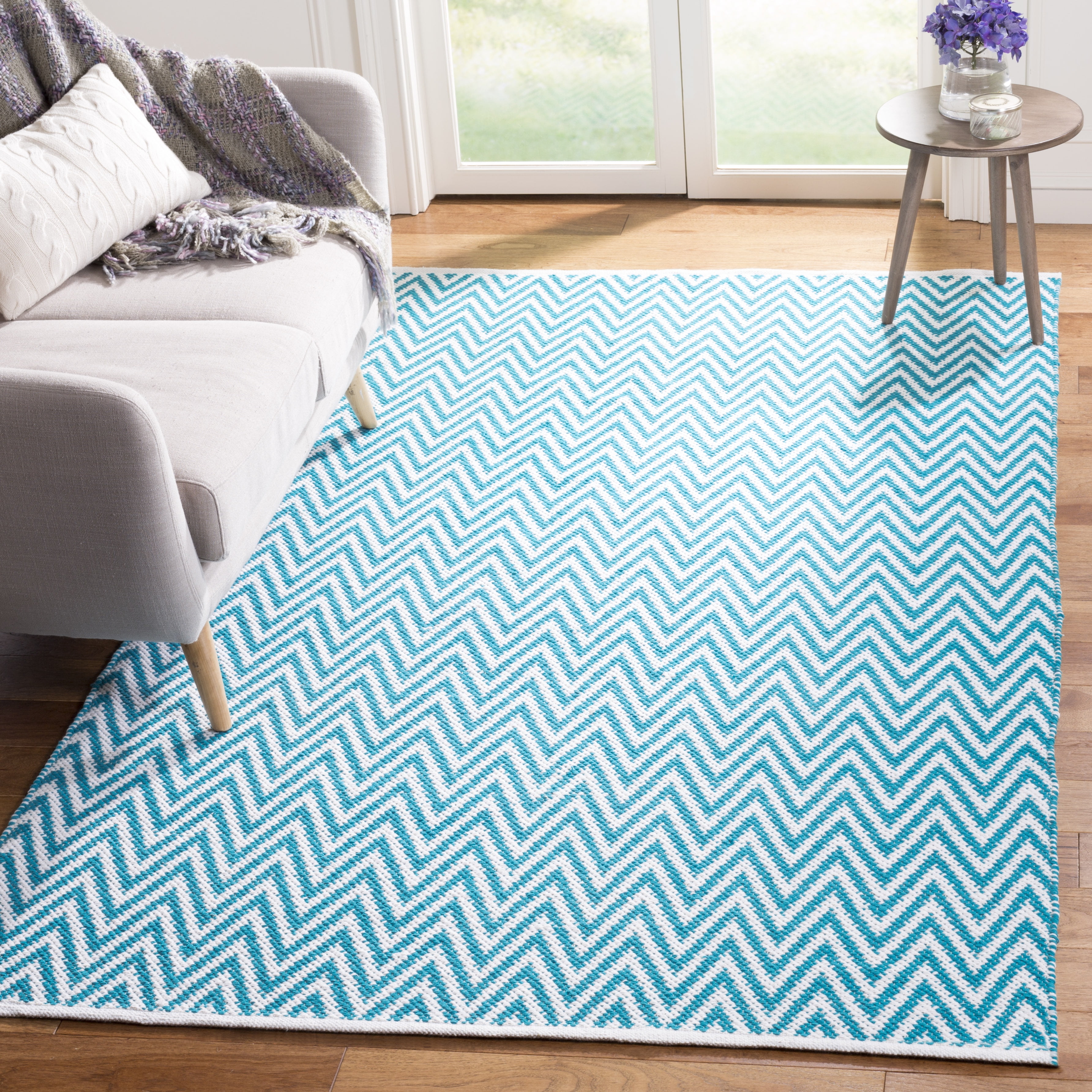 Turquoise and Ivory Chevron Cotton Flat Woven Rug 5' x 7'