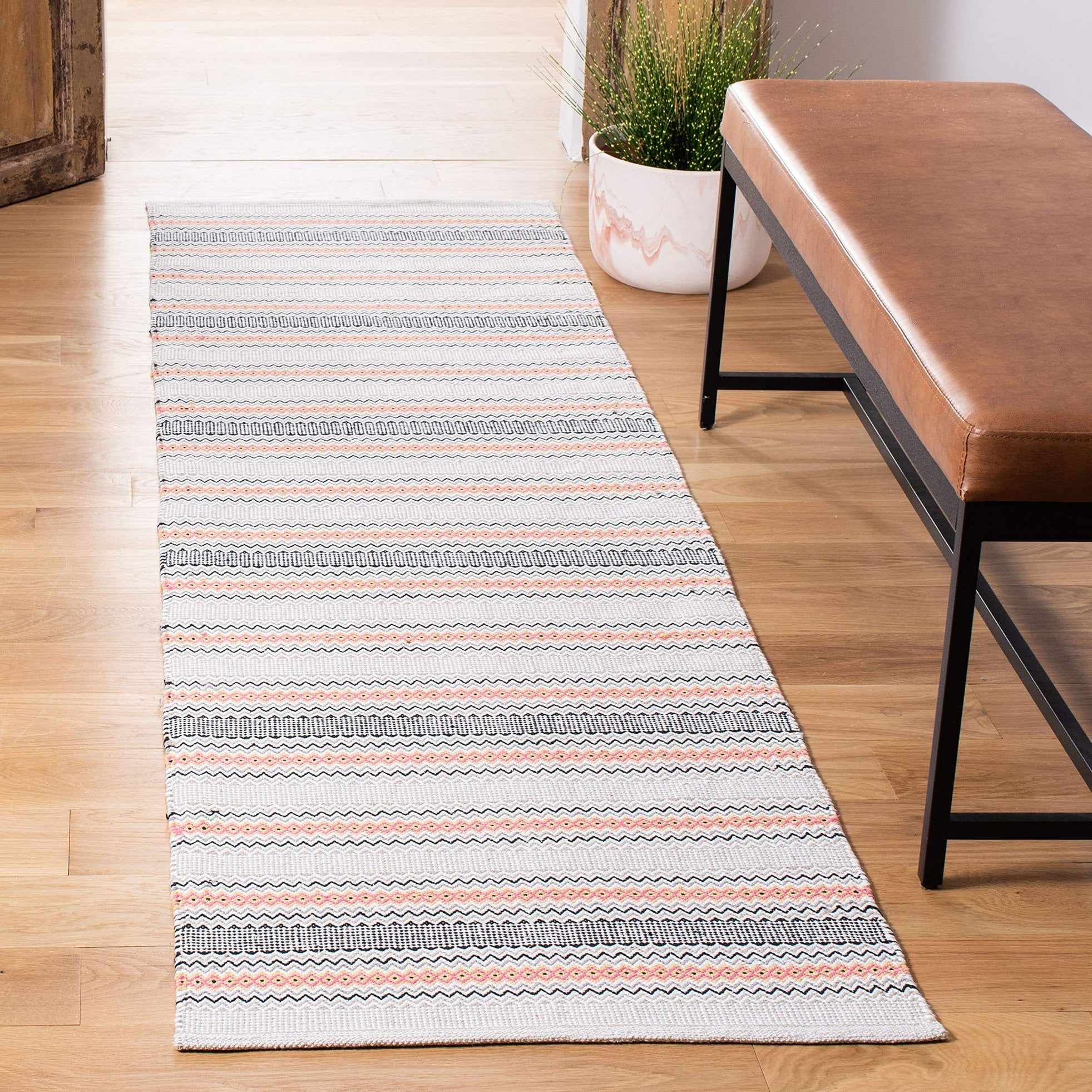 Handwoven Pink and Beige Cotton Runner Rug, 2'3" x 8'