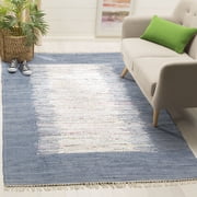 SAFAVIEH Montauk Tennyson Braided Border Cotton Area Rug, Ivory/Dark Blue, 9' x 12'