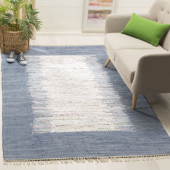 SAFAVIEH Montauk Tennyson Braided Border Cotton Area Rug, Ivory/Dark Blue, 9' x 12'