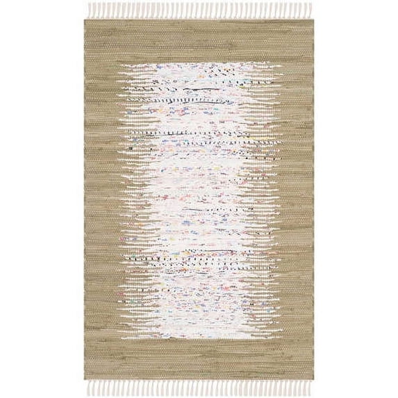 SAFAVIEH Montauk Tennyson Braided Border Cotton Area Rug, Ivory/Olive, 3' x 5'