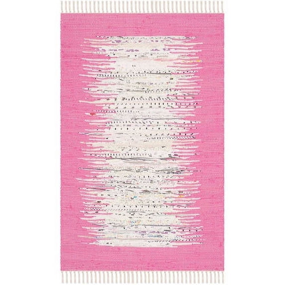 SAFAVIEH Montauk Tennyson Braided Border Cotton Area Rug, Ivory/Pink, 6' x 9'