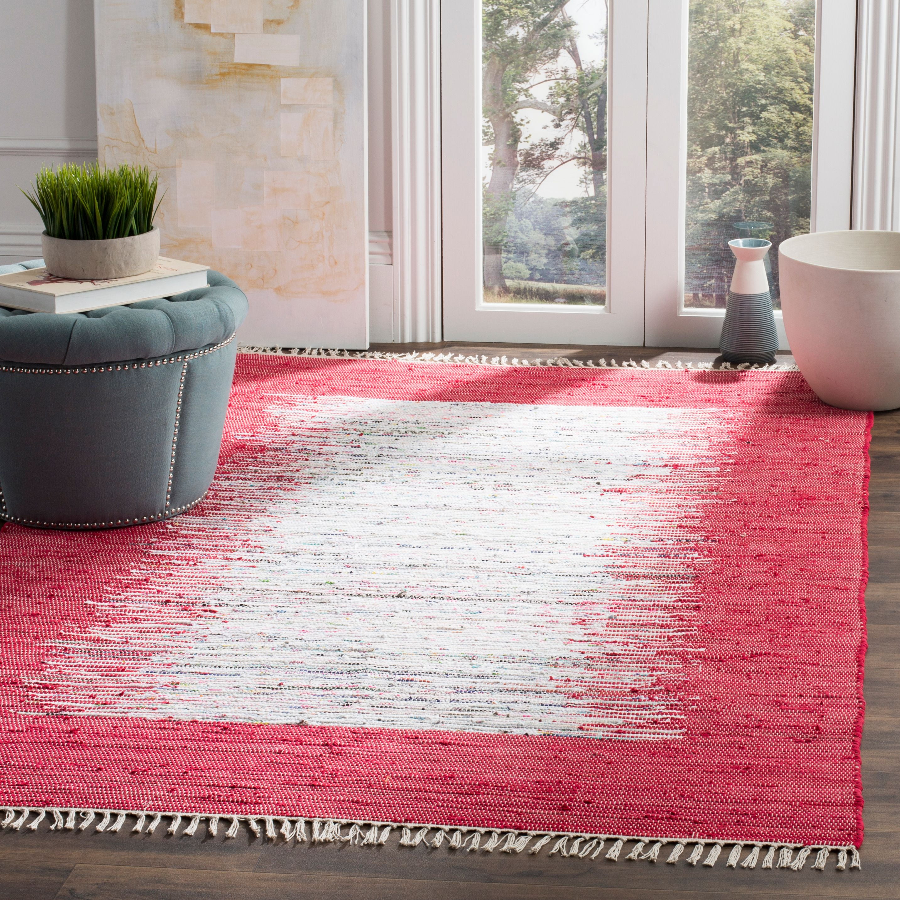 SAFAVIEH Montauk Tennyson Braided Border Cotton Area Rug, Ivory/Red, 3' x 5'